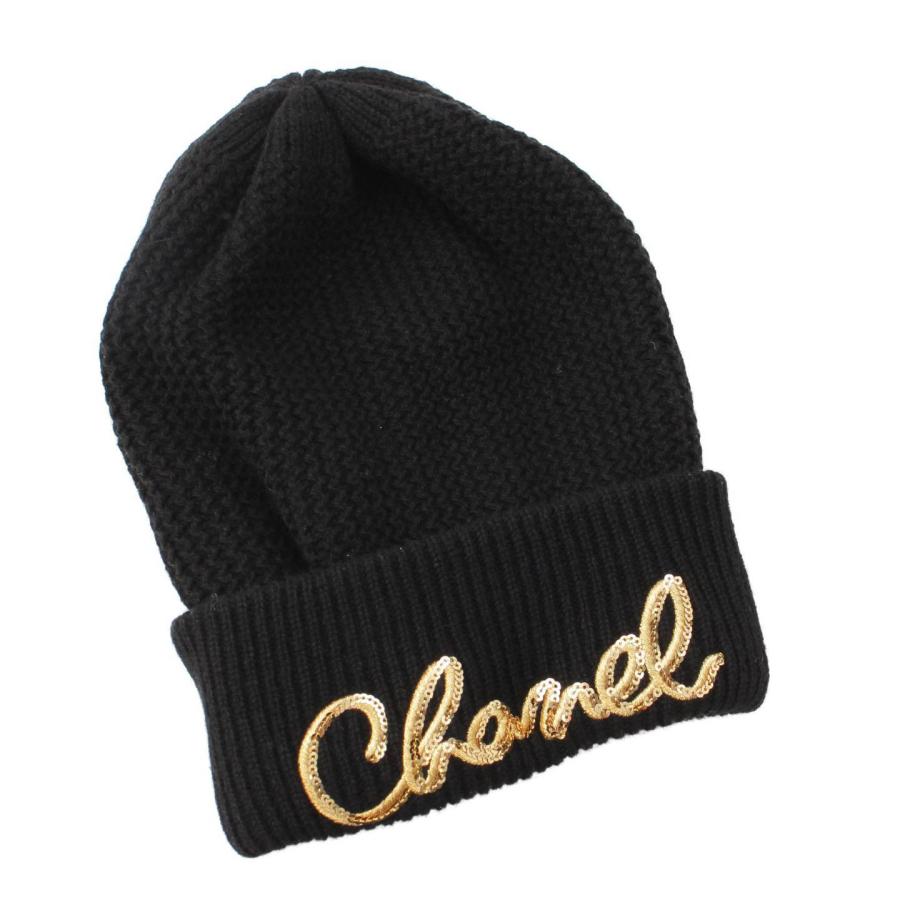 CHANEL ブラック ニット帽 ロゴ刺繍