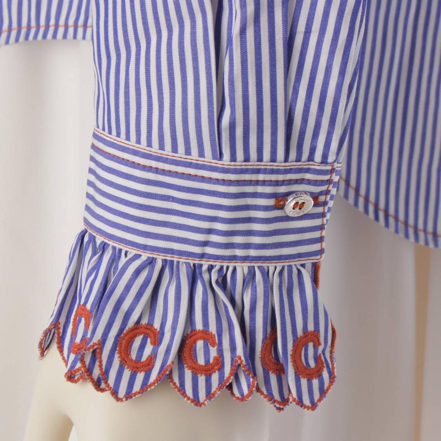 クロエ】Chloe 21年 ストライプ 長袖 袖フリル 柄襟 ブラウス ブルー 