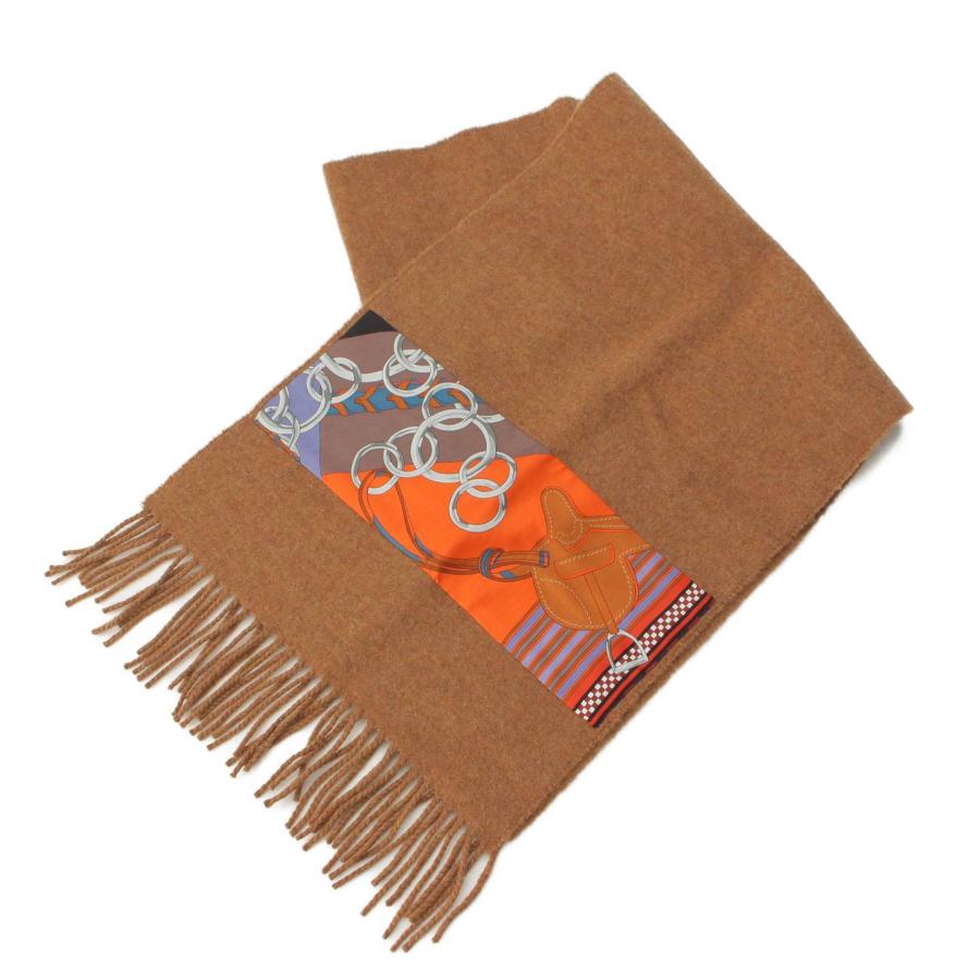 エルメス】Hermes シルクパッチ カシミヤ フリンジ マフラー ブラウン  