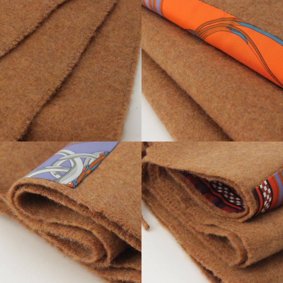 エルメス】Hermes シルクパッチ カシミヤ フリンジ マフラー ブラウン  