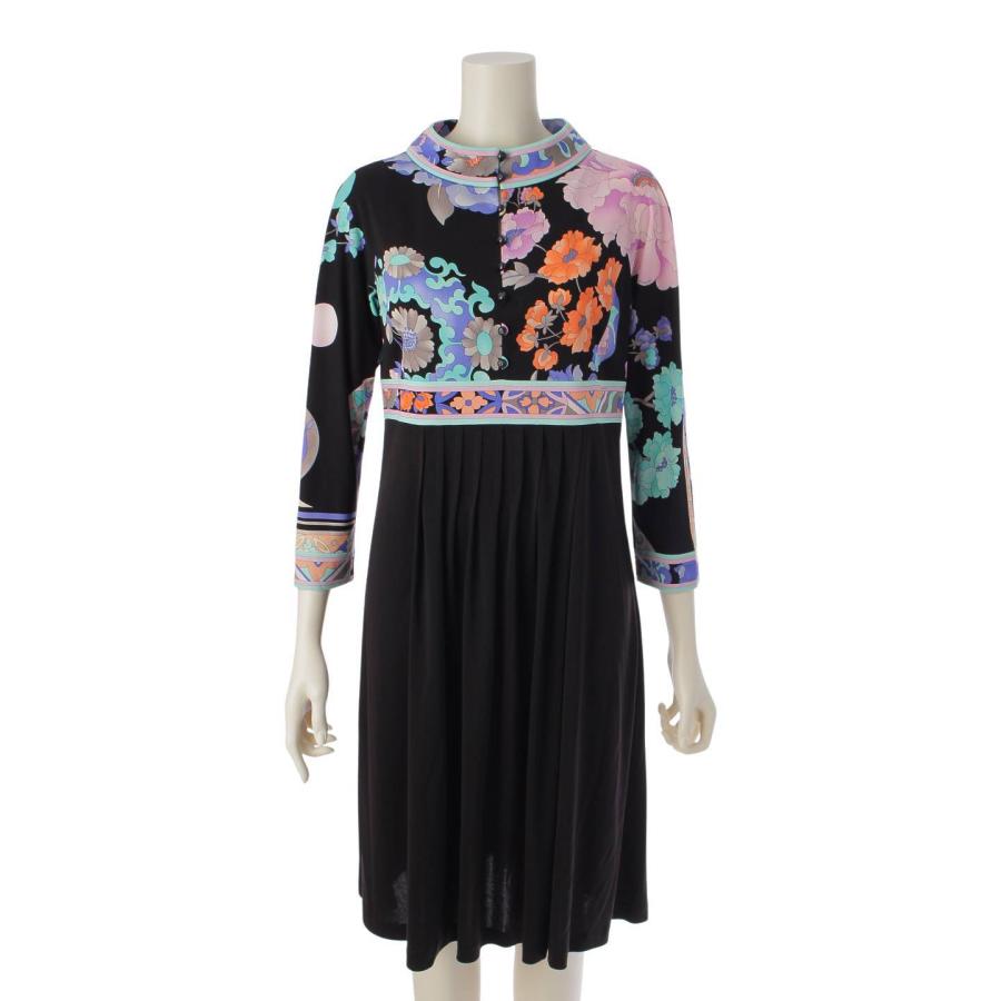 LEONARD 【レオナール】LEONARD カンカン素材 プリーツ 切替 植物柄  