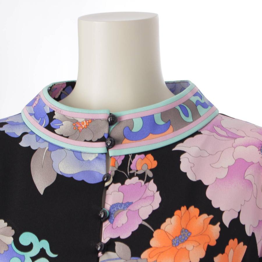 レオナール】LEONARD カンカン素材 プリーツ 切替 植物柄 ロゴボタン 