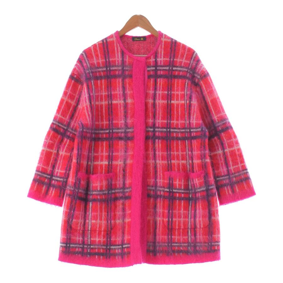 DRAWER ドゥロワー モヘアウール チェック柄 ノーカラー ロング コート  