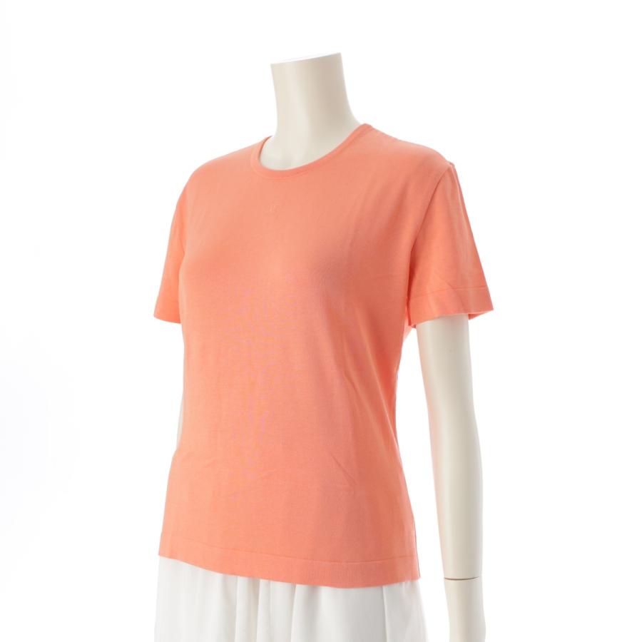 CHANEL - シャネル 97P コットン ココマーク ワンポイント刺 ニット 半袖Ｔシャツ カットソー トップス P07156 サーモンオレンジ 42【中古】 CHANEL（シャネル） 97P コットン ココマーク ワンポイント刺 ニット