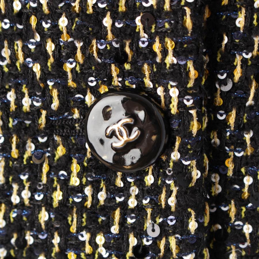 CHANEL - シャネル 24K ウール シルク ココボタン スパンコール ツイード シングル テーラードジャケット アウター P78196 ブラック ゴールド 38【中古】 CHANEL シャネル 24K ウール シルク ココボタン スパンコール