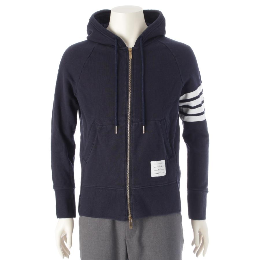 トムブラウン 4BAR ネイビー ジップパーカー 正規品 THOM BROWNE（トム ブラウン） 4bar コットン ジップアップ フード