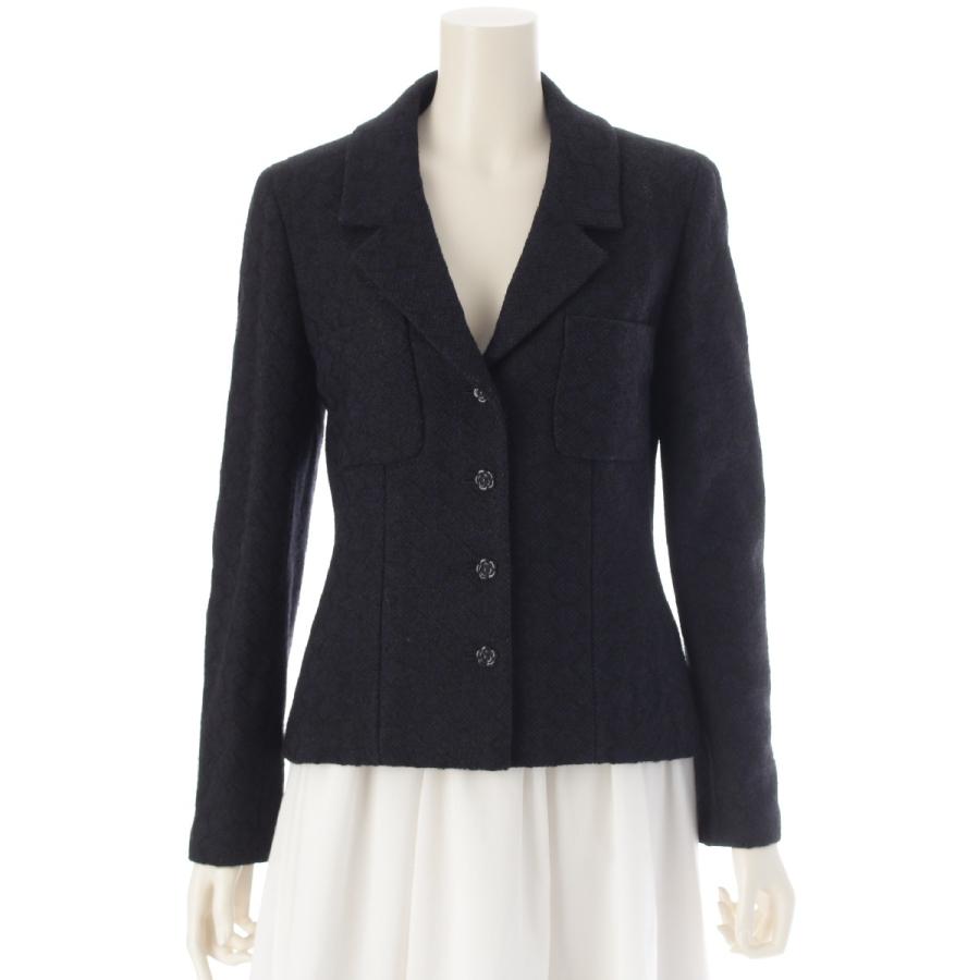 CHANEL - シャネル 02C ツイード カメリアボタン テーラードジャケット P18924 ネイビー 36【中古】 CHANEL（シャネル） 02C ツイード カメリアボタン テーラード
