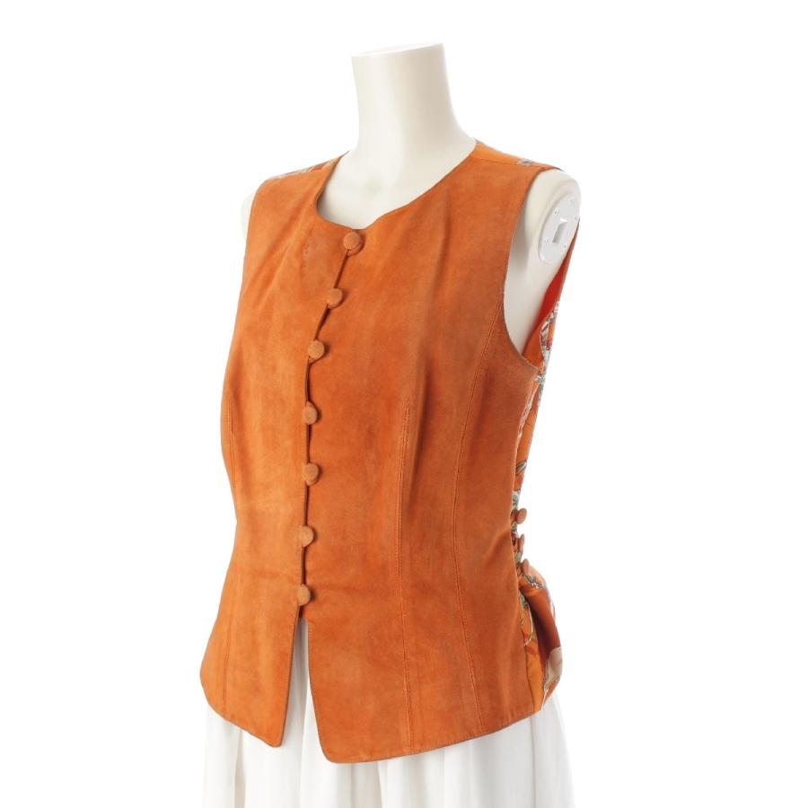 HERMES ジレ 38 HERMES エルメス スエード シルク ジレ ベスト ブラウン オレンジ 38
