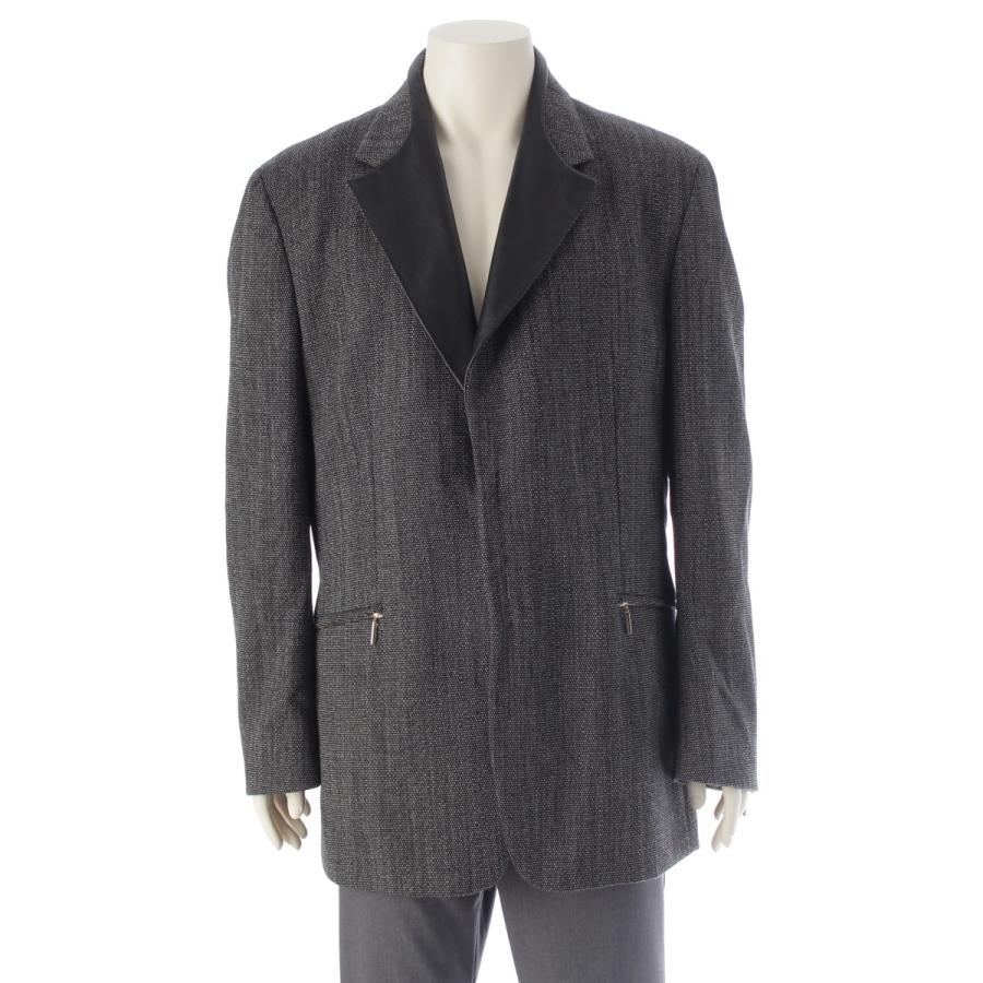 ジャンニ・ヴェルサーチェ ウール 襟レザー ジップアップ テーラードジャケット アウター ブラック 56【中古】 GIANNI VERSACE ジャンニ・ヴェルサーチェ ウール 襟レザー ジップ