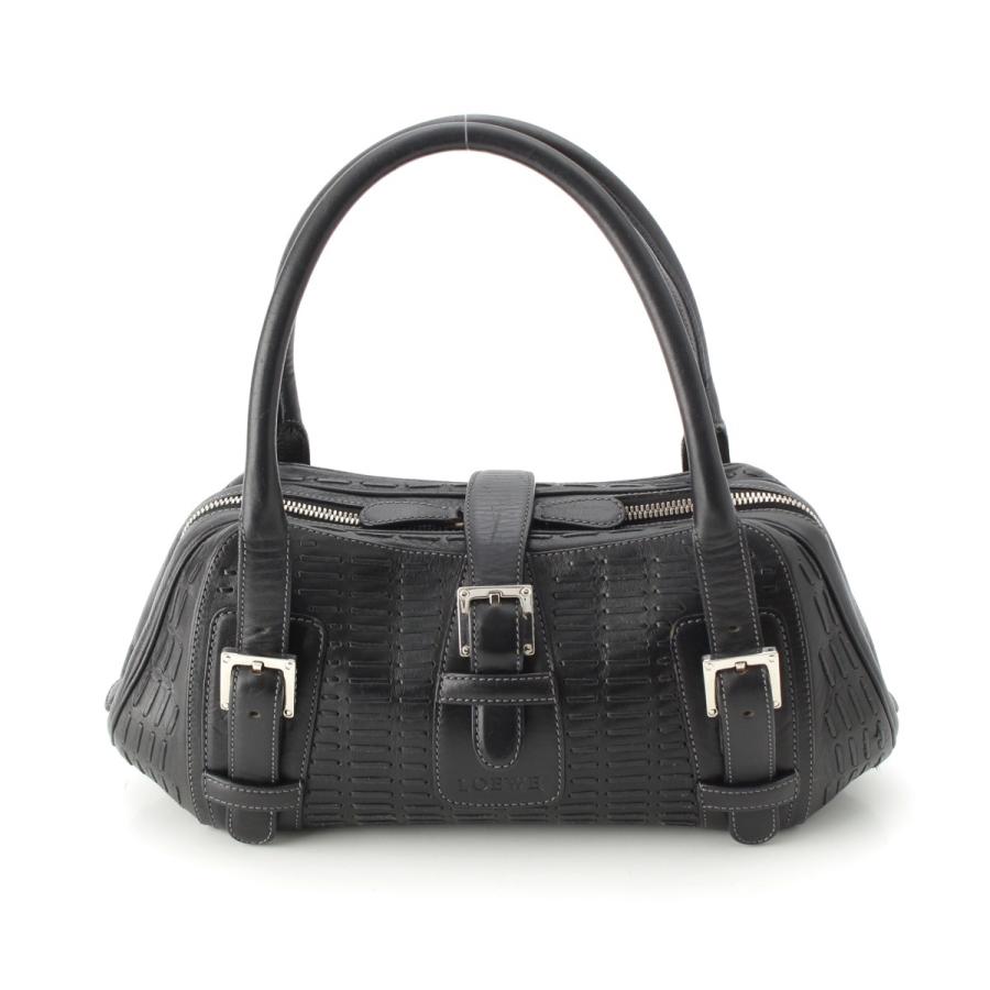 LOEWE ヴィンテージ黒 レザー ハンドバッグ 日本直送 名牌中古包 】LOEWE ロエベ ロゴ型押し レザー ハンドバッグ