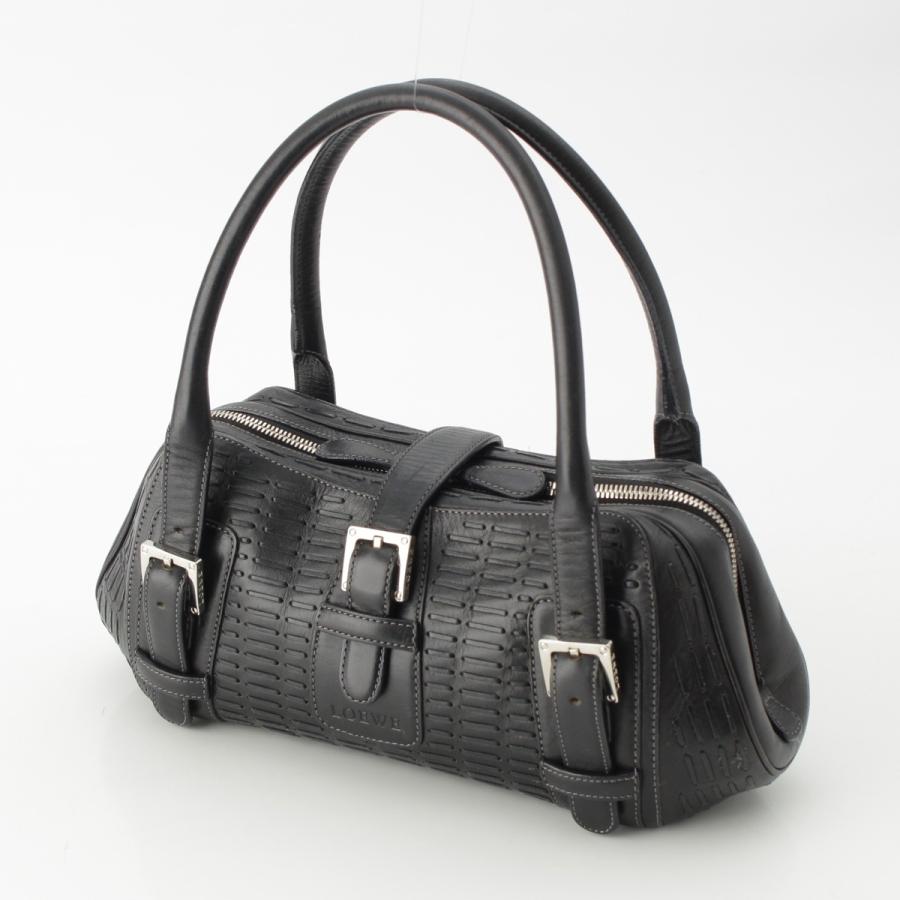 LOEWE ヴィンテージ黒 レザー ハンドバッグ LOEWE（ロエベ） SENDA センダ レザー ロゴ ステッチ ベルト