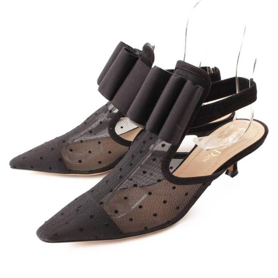 【クリスチャン ディオール】Christian Dior　レース パンプス ドット リボン ブラック 35 1/2 D 【中古】【正規品保証】95764
