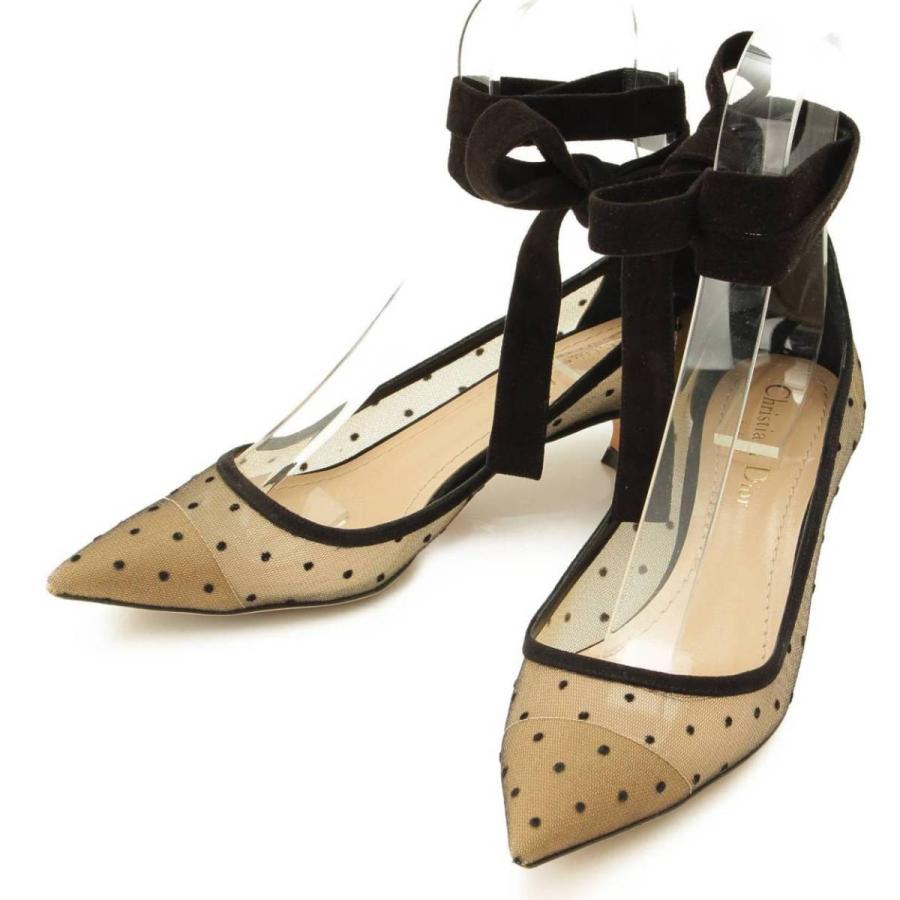 【クリスチャン ディオール】Christian Dior　LOVELY-D アンクル レース ドット パンプス ブラック 37 1/2 D 【中古】【正規品保証】96790
