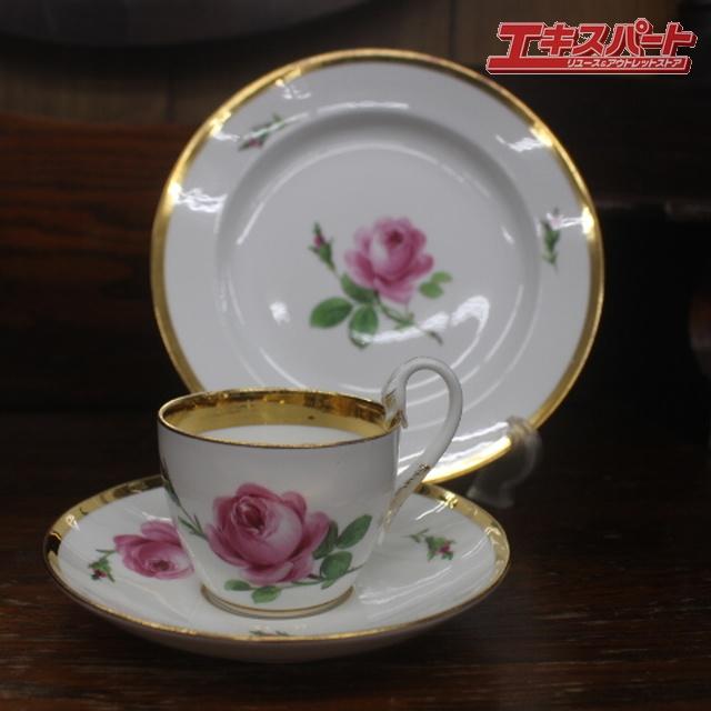 マイセン ボタン剣 スワンハンドル ピンクローズ トリオ カップ 