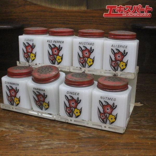 未使用　イタリア製　調味料入れ　ミルクガラス　5個セット アメリカ製 ヴィンテージ ミルクガラス 調味料入れ ホルダーセット