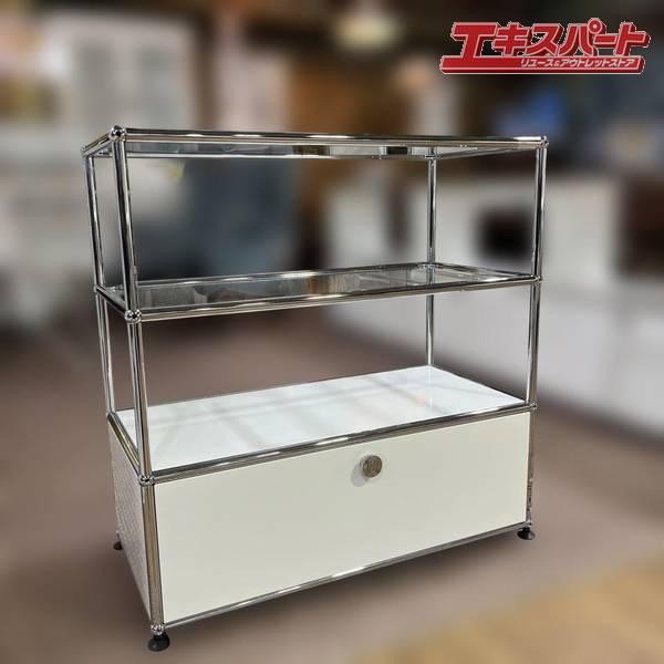 美品 USMハラー ホワイト 3段シェルフ 引き出し付き キャビネット USMハラー キャビネット シェルフ ピュアホワイト ガラス 1列3段 極美