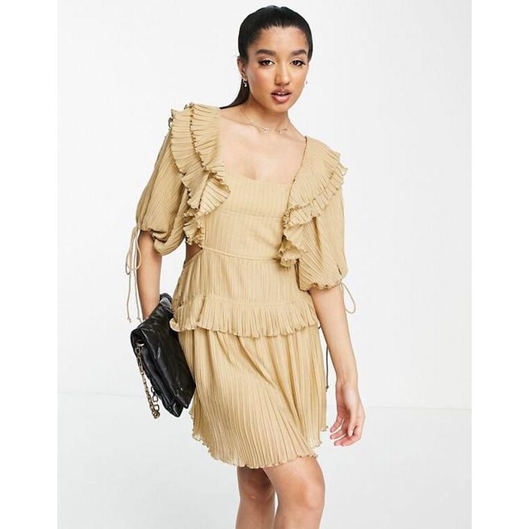 お買い得の通販 エイソス レディース ワンピース トップス ASOS DESIGN pleat mini dress with ruffle and tie detail in stone