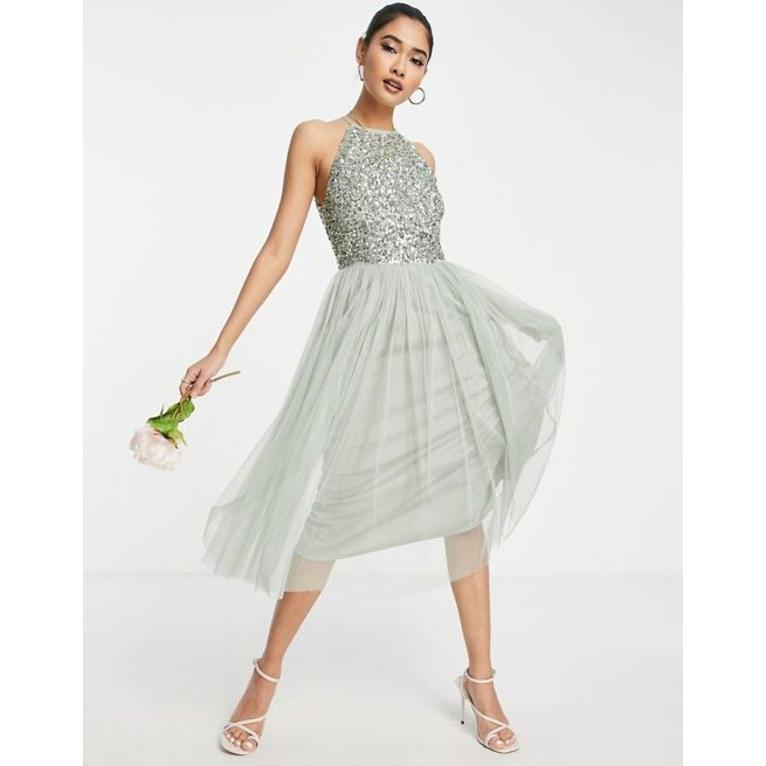 マヤ レディース ワンピース トップス Maya Bridesmaid halter neck midi tulle dress with tonal delicate sequins in sage green｜revida2｜04