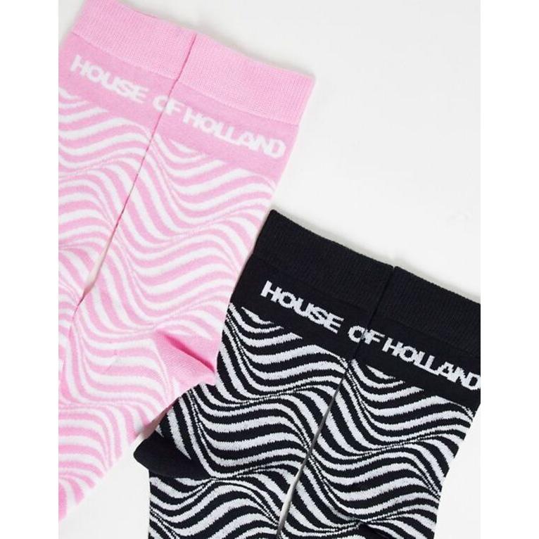 ハウスオブホーランド レディース 靴下 アンダーウェア House of Holland two pack socks in black and pink swirl print｜revida2｜03