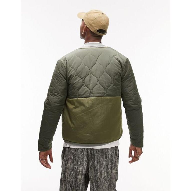 トップマン メンズ ジャケット・ブルゾン アウター Topman liner jacket with mixed fabric in khaki｜revida2｜02
