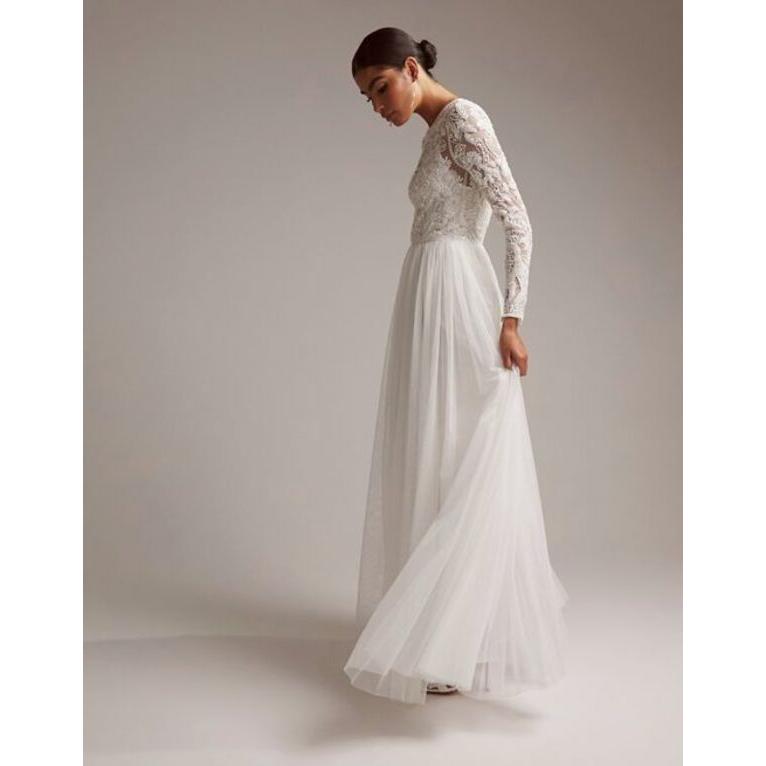 大きな取引 エイソス レディース ワンピース トップス ASOS DESIGN Elizabeth long sleeve wedding dress with beaded bodice in white