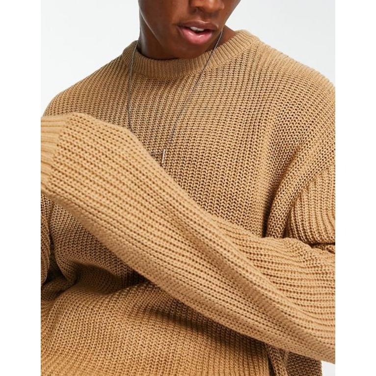 エイソス メンズ カーディガン アウター ASOS DESIGN knit oversized fisherman ribbed sweater in light brown｜revida2｜03