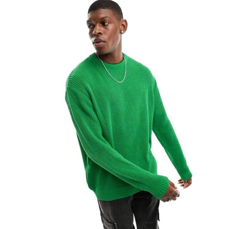エイソス メンズ カーディガン アウター ASOS DESIGN knitted oversized fisherman rib sweater in bright green｜revida2｜02