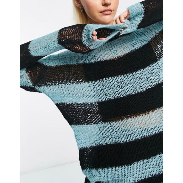 売れ筋オススメ コルージョン レディース ニット・セーター アウター COLLUSION Unisex knit open stitch striped sweater in black and blue