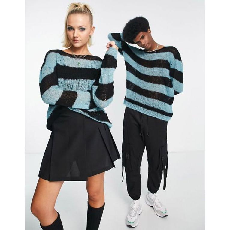 売れ筋オススメ コルージョン レディース ニット・セーター アウター COLLUSION Unisex knit open stitch striped sweater in black and blue
