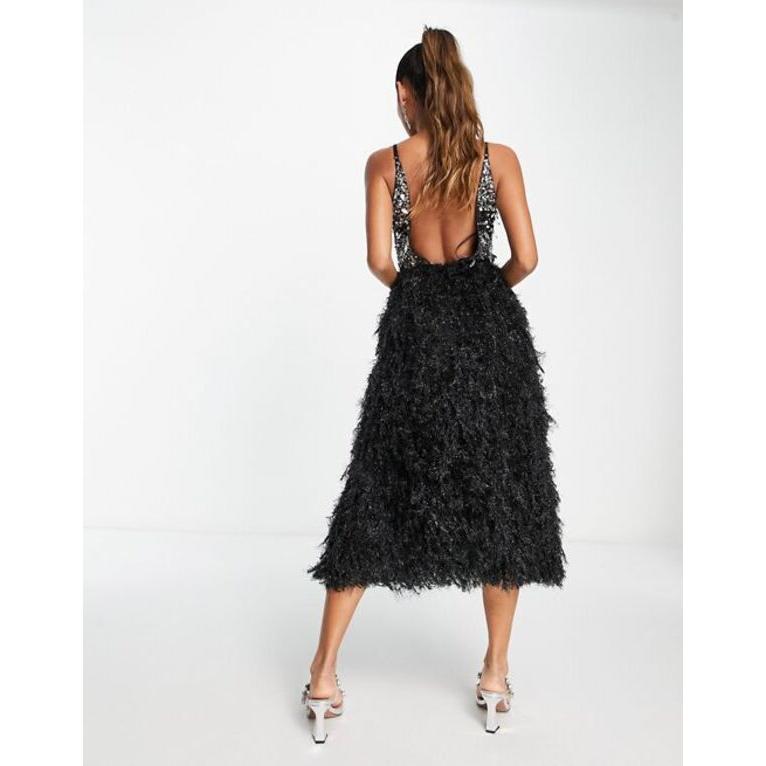 セール エイソス レディース ワンピース トップス ASOS DESIGN embellished sequin plunge neck faux feather midi dress in black