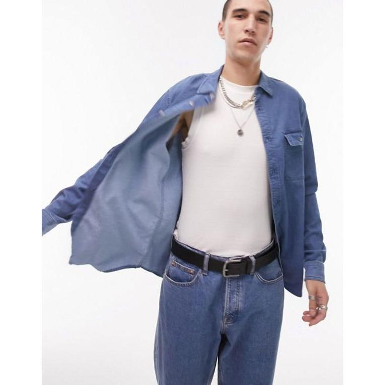 トップマン メンズ シャツ トップス Topman stretch denim shirt in mid wash blue｜revida2｜02