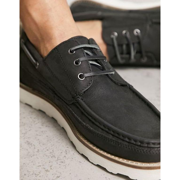 エイソス メンズ デッキシューズ シューズ ASOS DESIGN boat shoes in black leather with wedge sole｜revida2｜03