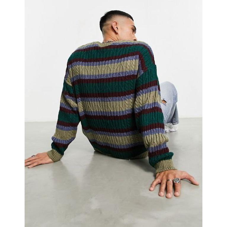 エイソス メンズ カーディガン アウター ASOS DESIGN knitted sweater in fluffy multi stripe｜revida2｜02