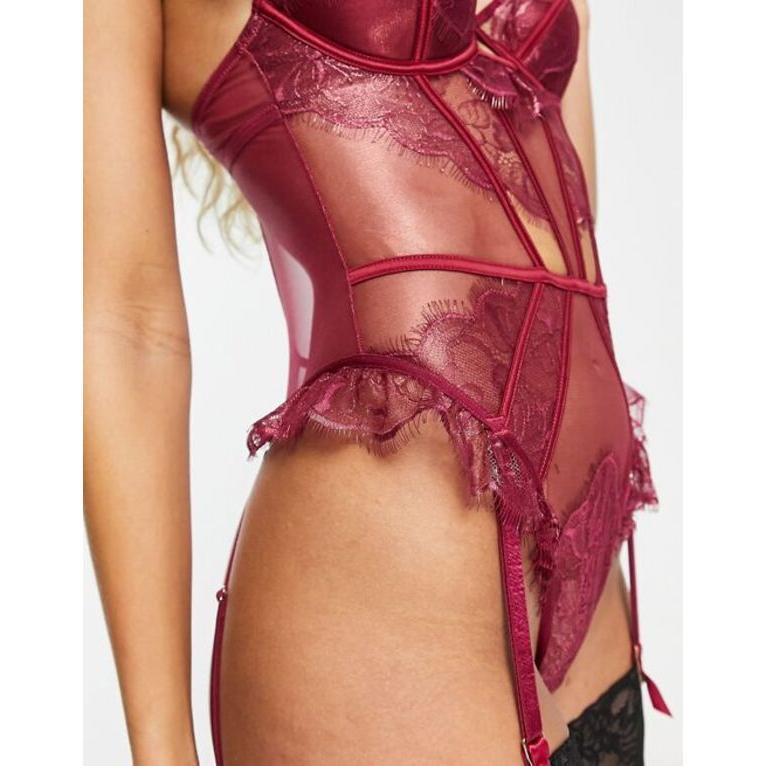 アンサマーズ レディース シャツ トップス Ann Summers Understated padded plunge bodysuit with delicate lace overlay and garter detail in red｜revida2｜03