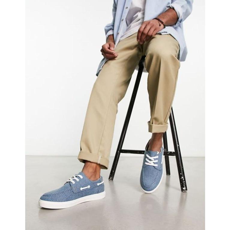 エイソス メンズ デッキシューズ シューズ ASOS DESIGN boat shoes in blue denim with contrast sole｜revida2｜04