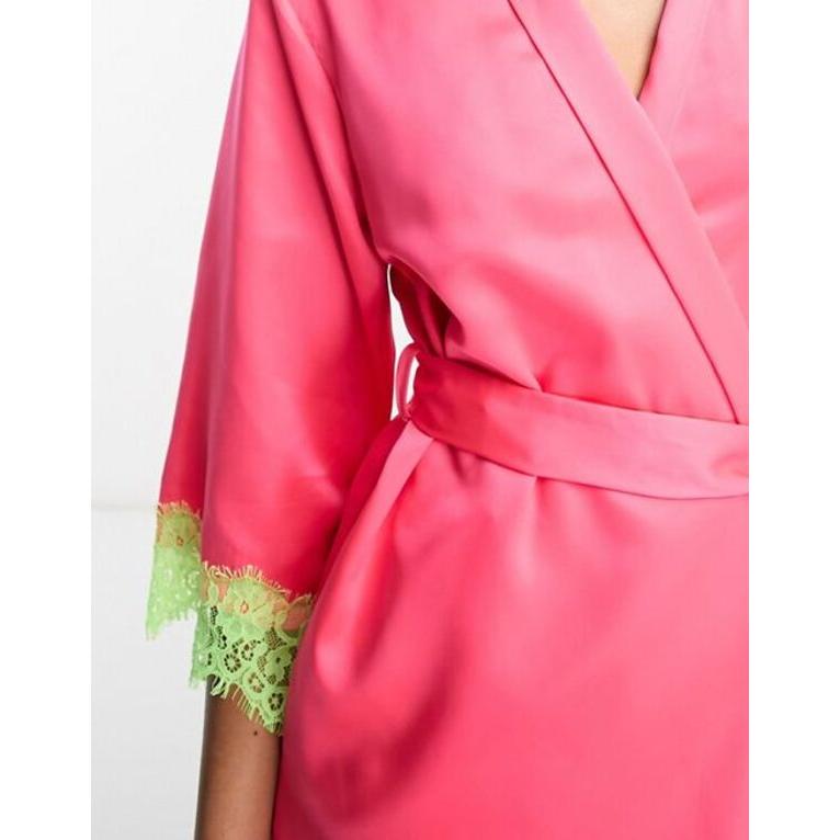 ラウンジャブル レディース ナイトウェア アンダーウェア Loungeable satin robe in bright pink with neon lace｜revida2｜03