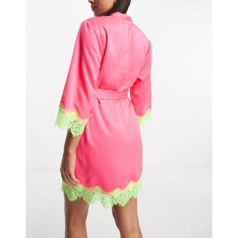 ラウンジャブル レディース ナイトウェア アンダーウェア Loungeable satin robe in bright pink with neon lace｜revida2｜04