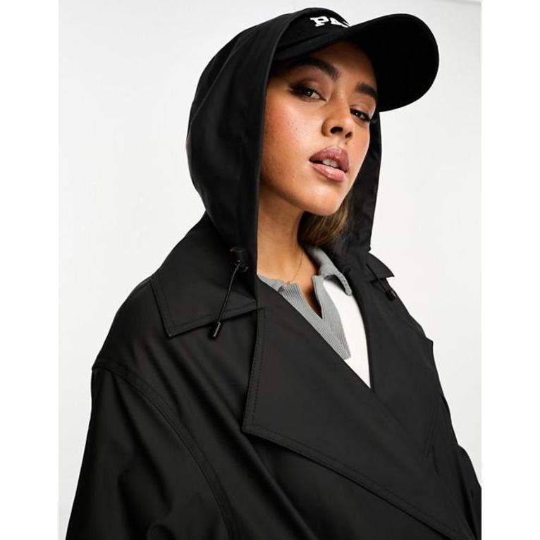 エイソス レディース コート アウター ASOS DESIGN rubberized rain hooded trench with belt detail in black｜revida2｜02