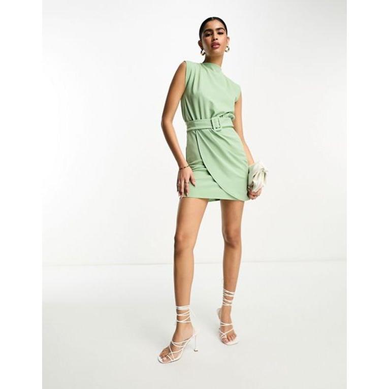 直売超安い エイソス レディース ワンピース トップス ASOS DESIGN sleeveless mini dress with belt and wrap skirt in green