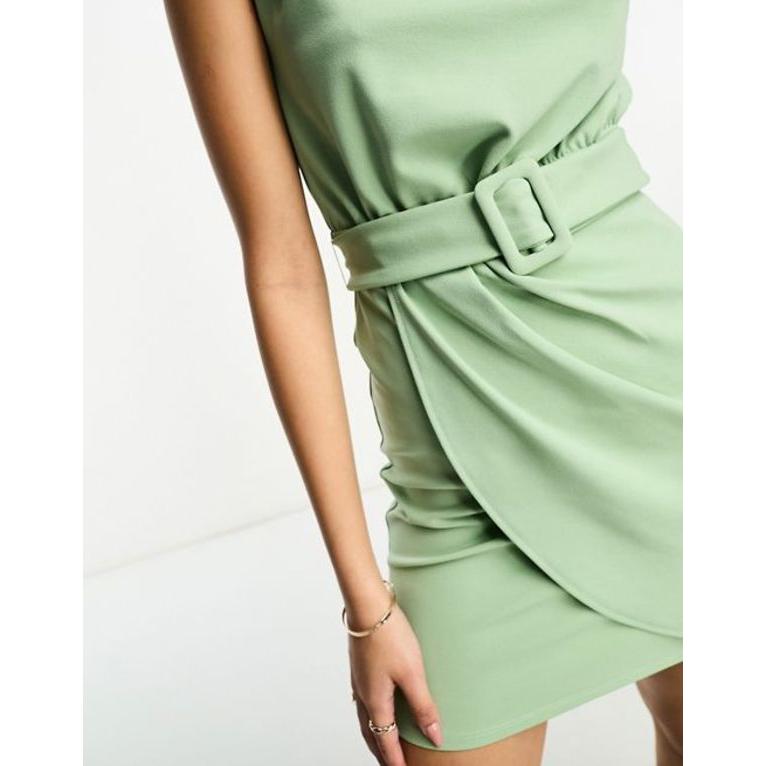 直売超安い エイソス レディース ワンピース トップス ASOS DESIGN sleeveless mini dress with belt and wrap skirt in green