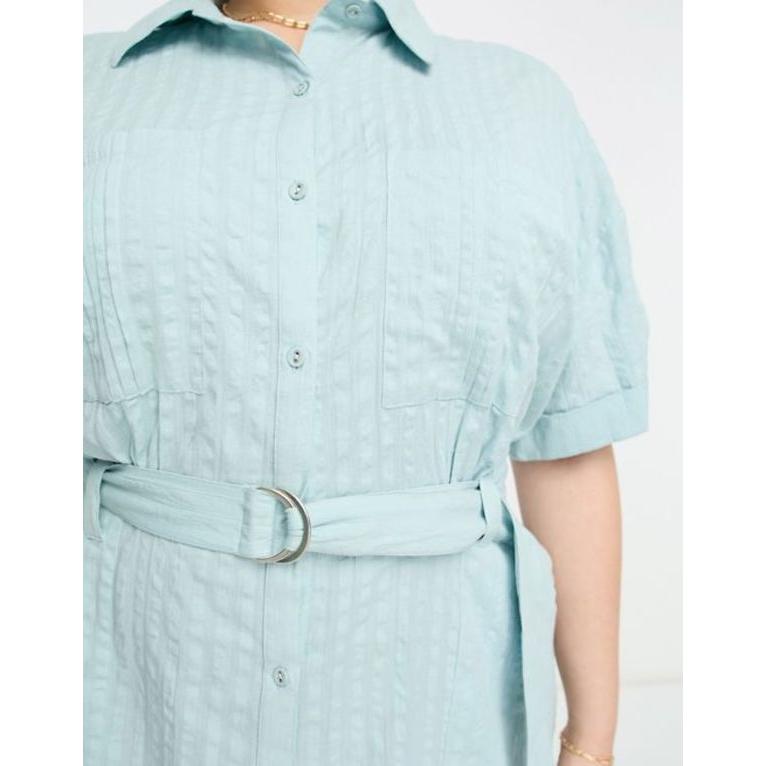 売上実績NO.1 エイソス レディース ワンピース トップス ASOS DESIGN Curve seersucker d ring belted shirt mini dress in blue