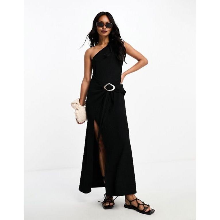 を販売 エイソス レディース ワンピース トップス ASOS DESIGN textured one shoulder midi dress with sarong skirt and trim detail in black