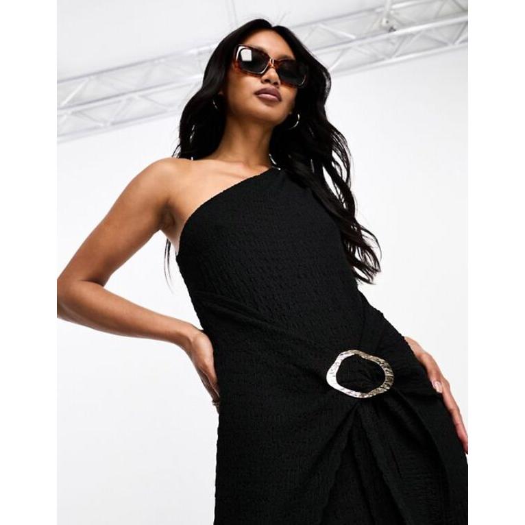 を販売 エイソス レディース ワンピース トップス ASOS DESIGN textured one shoulder midi dress with sarong skirt and trim detail in black