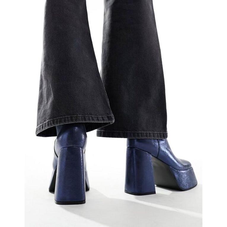 エイソス メンズ ブーツ・レインブーツ シューズ ASOS DESIGN high heeled platform boot in navy shimmer finish｜revida2｜04