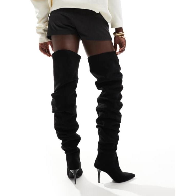 エイソス レディース ブーツ・レインブーツ シューズ ASOS DESIGN Knock ruched heeled over the knee boots in black 革靴 調整可能人気モデル