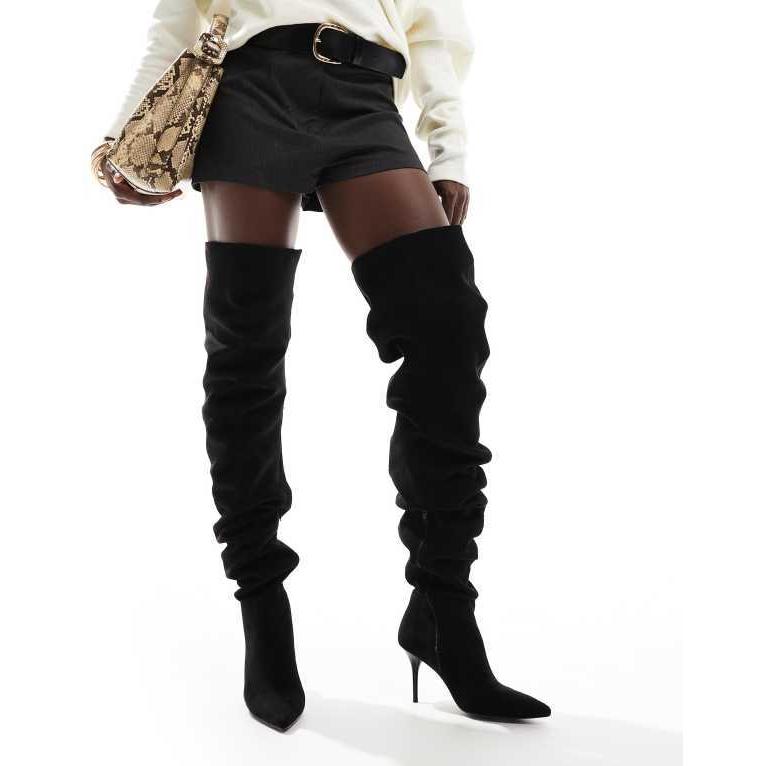 エイソス レディース ブーツ・レインブーツ シューズ ASOS DESIGN Knock ruched heeled over the knee boots in black 革靴 調整可能人気モデル