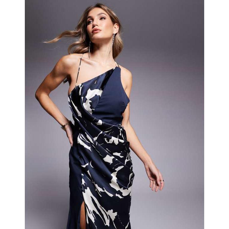 レディース ワンピース トップス ASOS DESIGN satin and chiffon paneled draped maxi dress in mono 【SKINNY】 abstract print