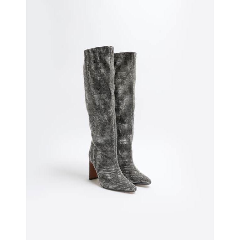 【直営店買付】 リバーアイランド レディース ブーツ・レインブーツ シューズ River Island heatseal knee high heeled boot in pewter 自分で履く