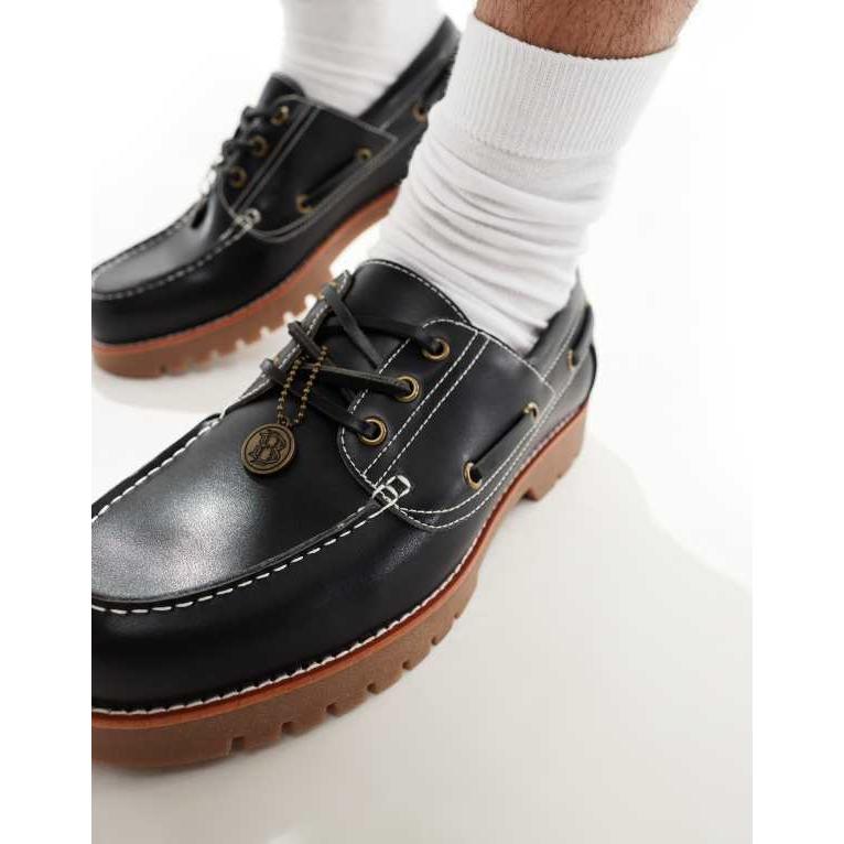 大人気，【高品質の製品】ベルシュカ メンズ デッキシューズ シューズ Bershka chunky boat shoes in black トレッキングシューズ