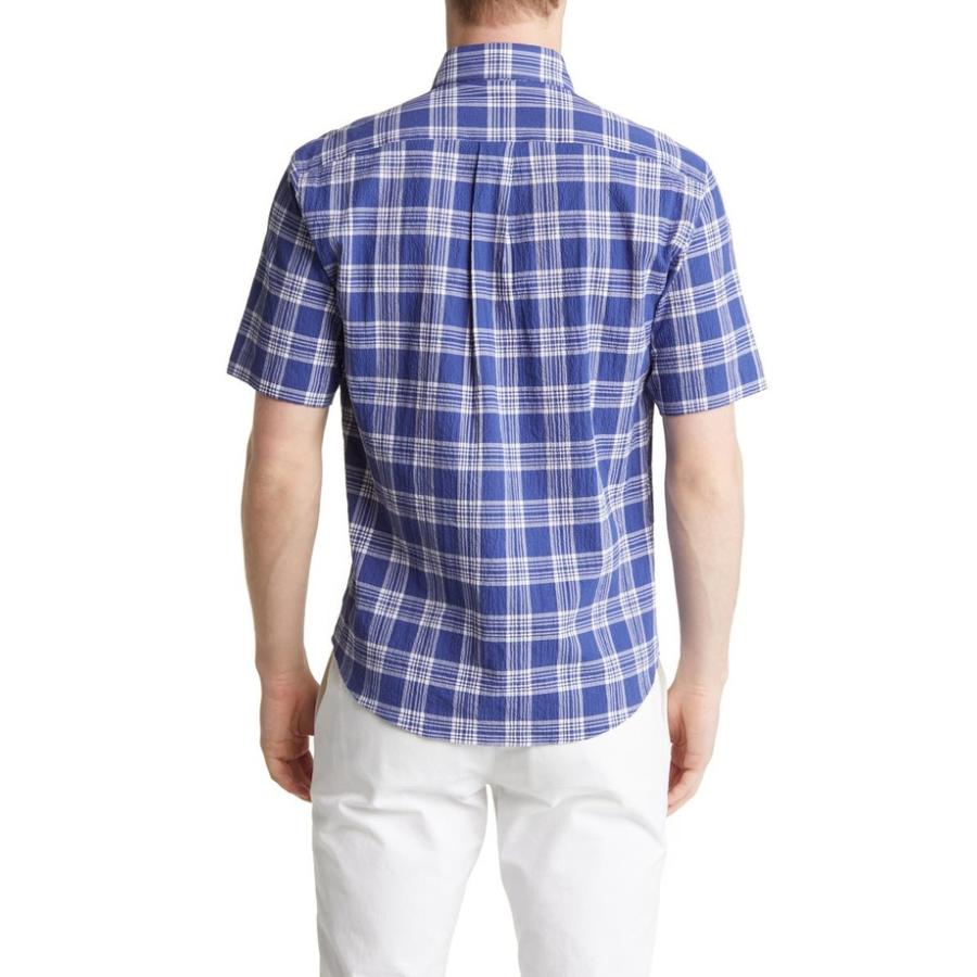 年末年始セール スコットバーバー メンズ シャツ トップス Regular Fit Plaid Short Sleeve Stretch Cotton Seersucker Button-Down Shirt